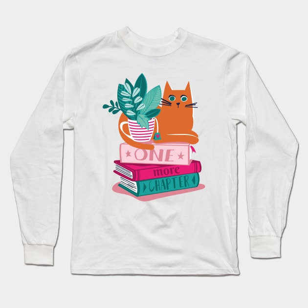 One more chapter // spot // pastel pink background orange tabby cat striped mug with plants orange teal and yellow books with quote Long Sleeve T-Shirt by SelmaCardoso